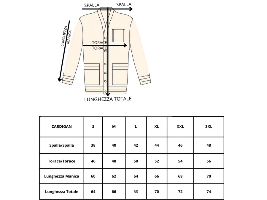 Technical drawing with garment measurements for each size