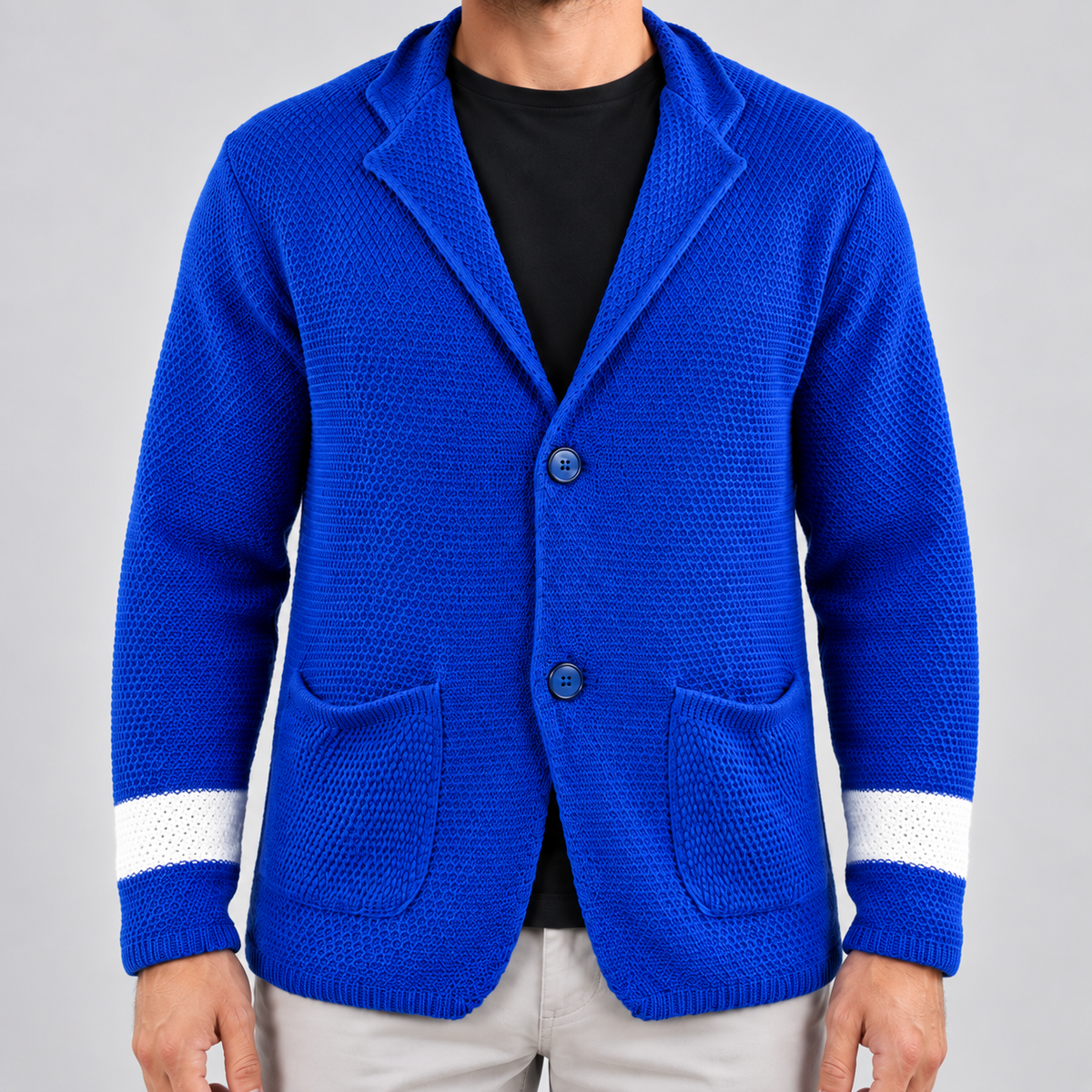 HERREN-CARDIGAN, 100 % BAUMWOLLE, ZWEIREIHIG, LINKSVERARBEITUNG, MASSGESCHNEIDERT, HERGESTELLT IN ITALIEN