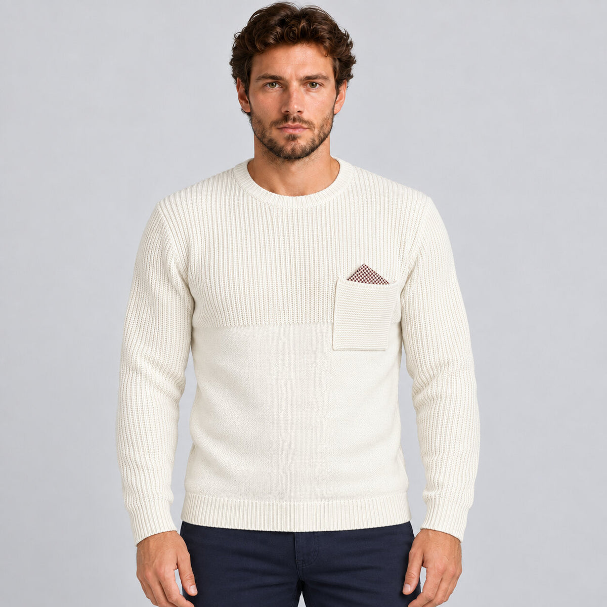 MAGLIA LANA MAGLIONCINO UOMO GIROCOLLO CON TASCHINO RIFINITO 100% MADE IN ITALY