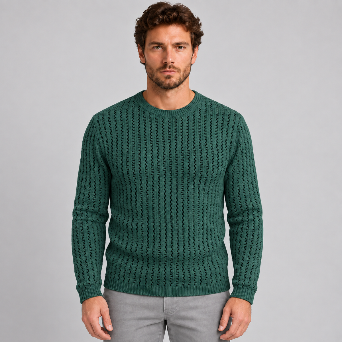 MAGLIA LANA MAGLIONCINO UOMO MANICA LUNGA GIROCOLLO TRAFORATO 100% MADE IN ITALY