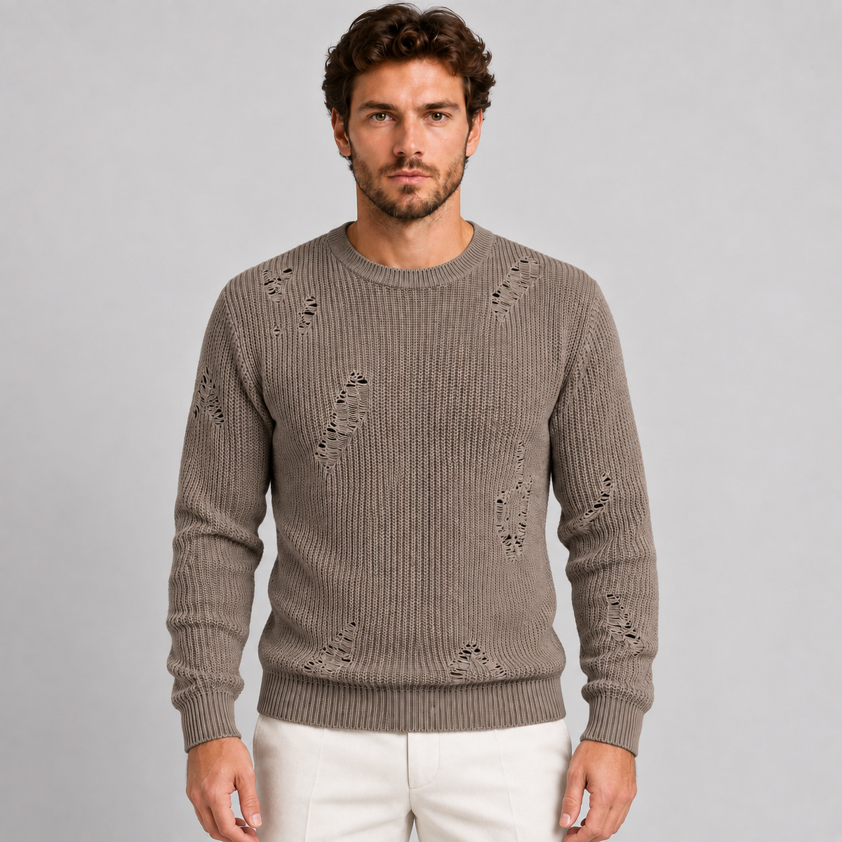 MAGLIONE LANA GIROCOLLO UOMO CON SMAGLIATURE EFFETTO STRAPPATO MADE IN ITALY