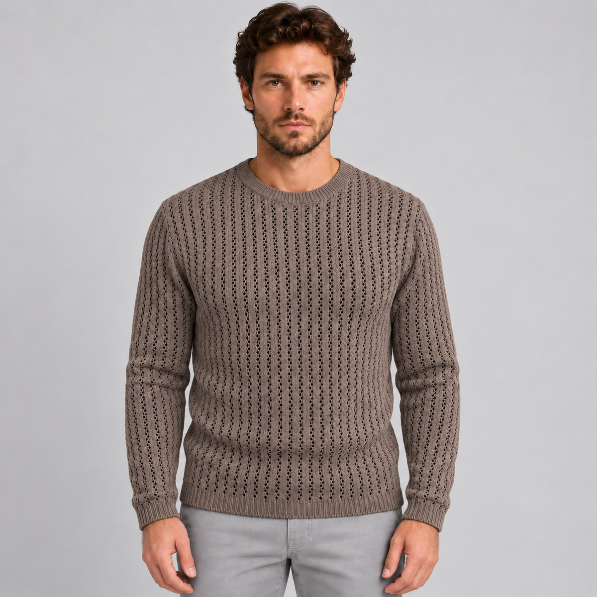 MAGLIA LANA MAGLIONCINO UOMO MANICA LUNGA GIROCOLLO TRAFORATO 100% MADE IN ITALY