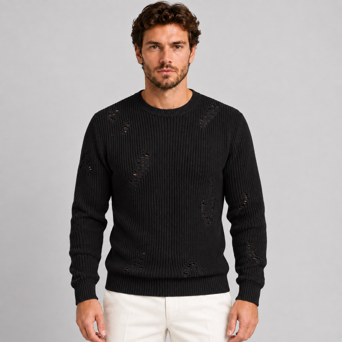 MAGLIONE LANA GIROCOLLO UOMO CON SMAGLIATURE EFFETTO STRAPPATO MADE IN ITALY