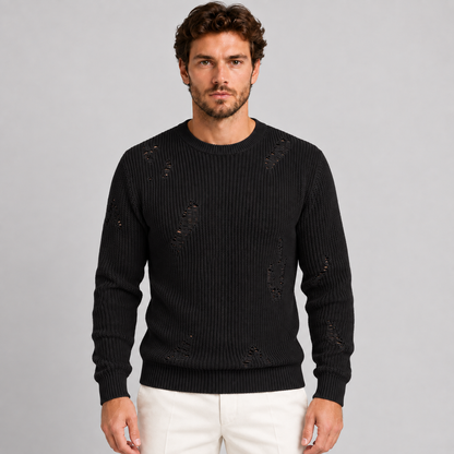 MAGLIONE LANA GIROCOLLO UOMO CON SMAGLIATURE EFFETTO STRAPPATO MADE IN ITALY