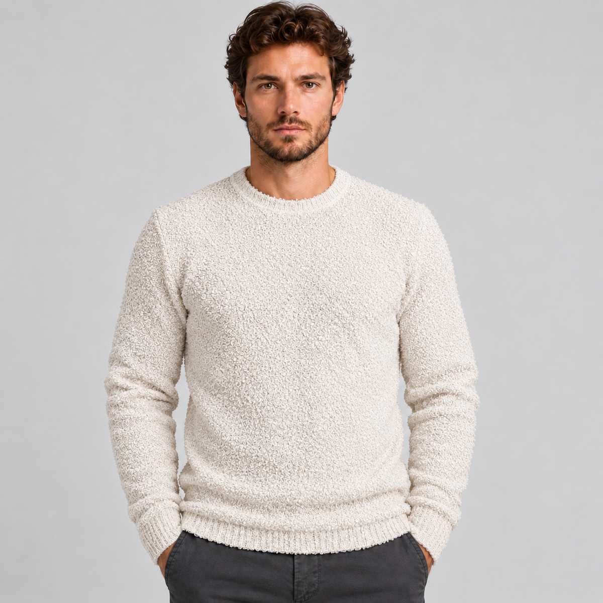 MAGLIONE UOMO MISTO LANA TESSUTO BOUCLE' SLIM CASUAL 100% MADE IN ITALY