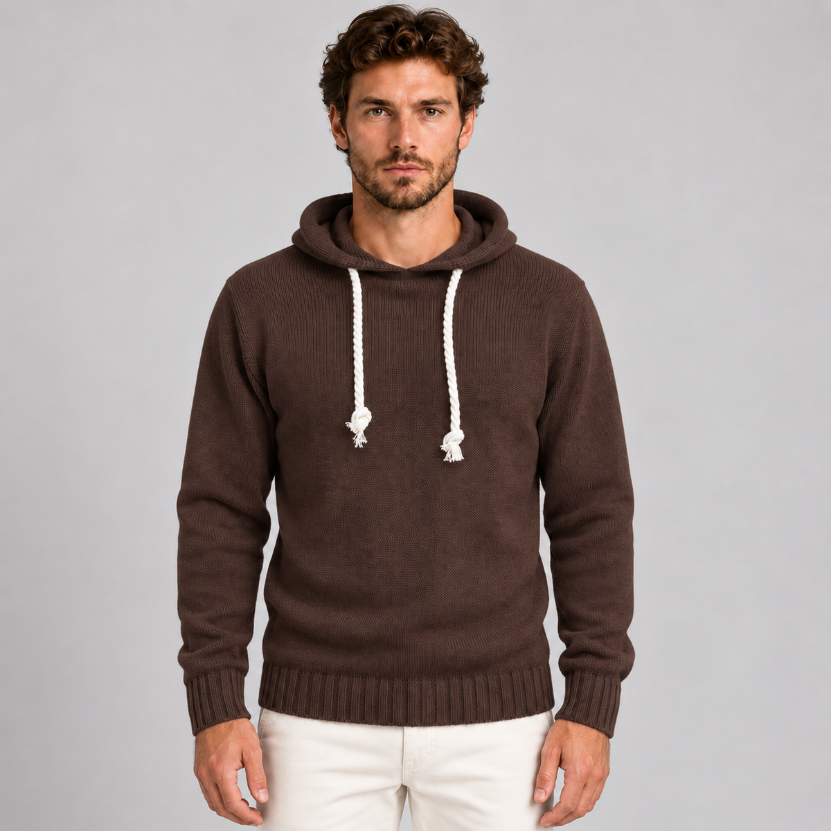 MAGLIA UOMO CON CAPPUCCIO E LACCI IN CORDA  MISTO LANA 100% MADE IN ITALY
