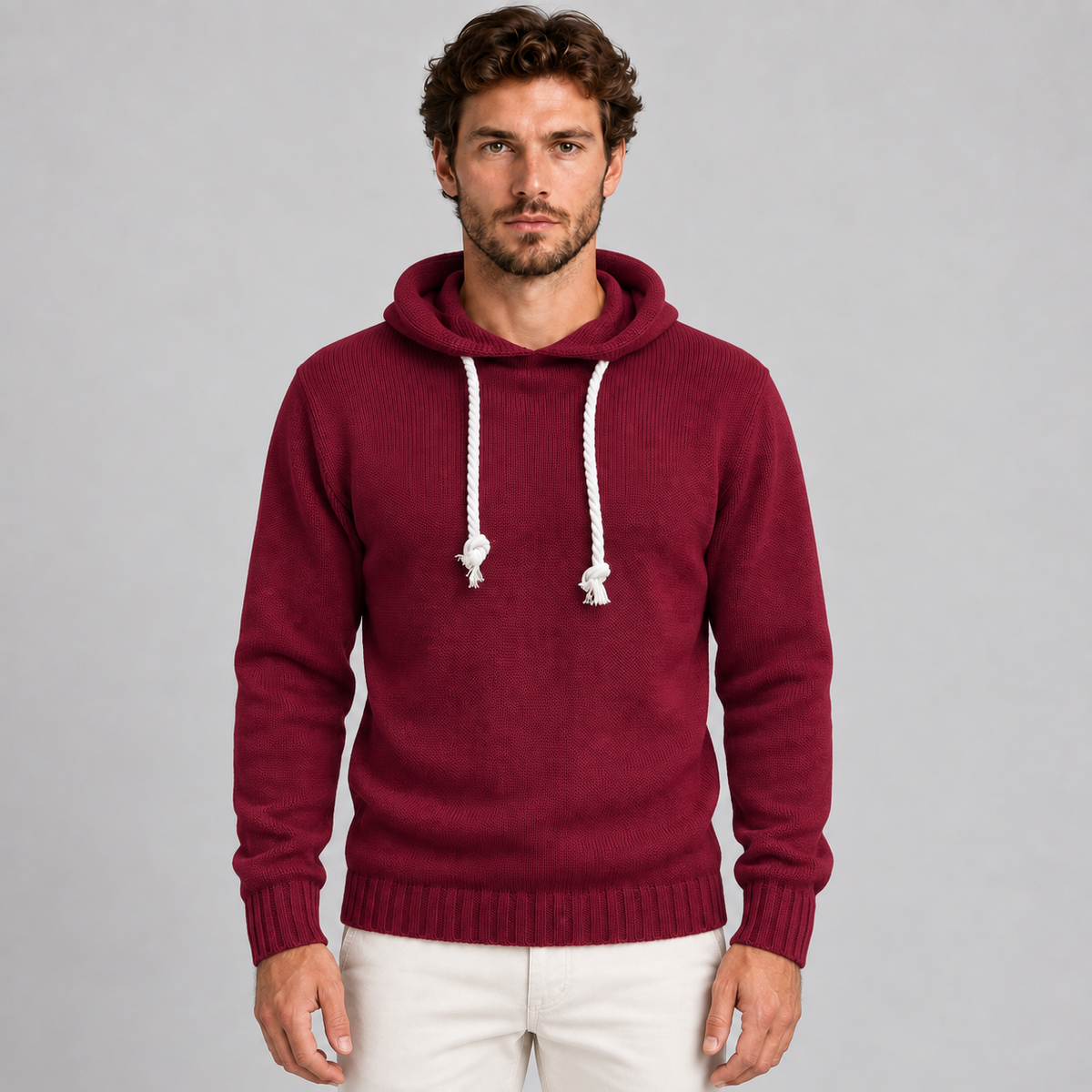 MAGLIA UOMO CON CAPPUCCIO E LACCI IN CORDA  MISTO LANA 100% MADE IN ITALY
