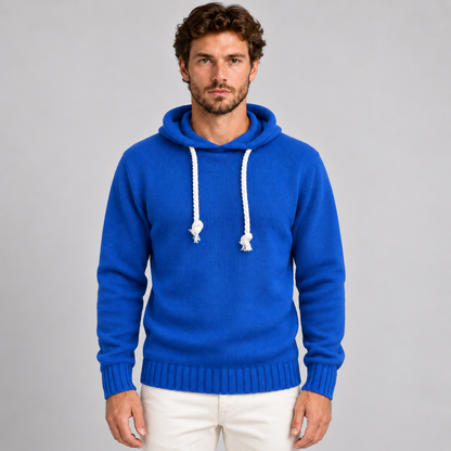 MAGLIA UOMO CON CAPPUCCIO E LACCI IN CORDA  MISTO LANA 100% MADE IN ITALY