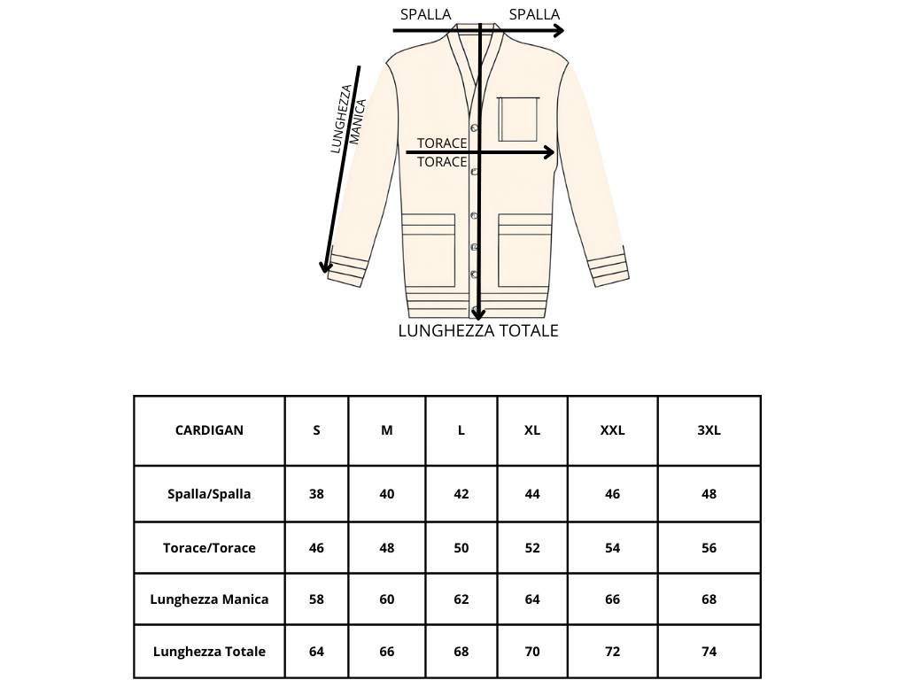 Tabella delle misure in centimetri per cardigan da uomo — Pasquale Jimmy