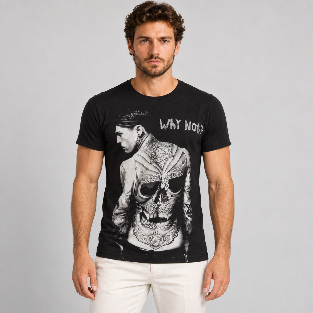 HERREN-T-SHIRT MIT RUNDAUSSCHNITT SCHWARZ WEISS MIT TOTENKOPF-PRINT KURZARM-SHIRT BAUMWOLLE