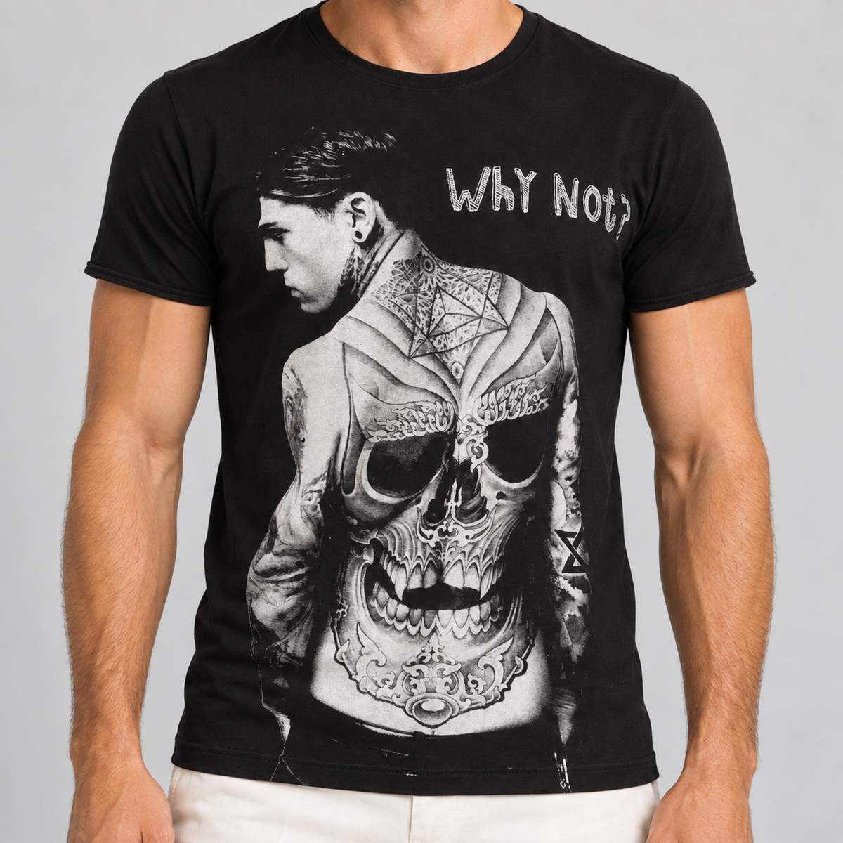HERREN-T-SHIRT MIT RUNDAUSSCHNITT SCHWARZ WEISS MIT TOTENKOPF-PRINT KURZARM-SHIRT BAUMWOLLE
