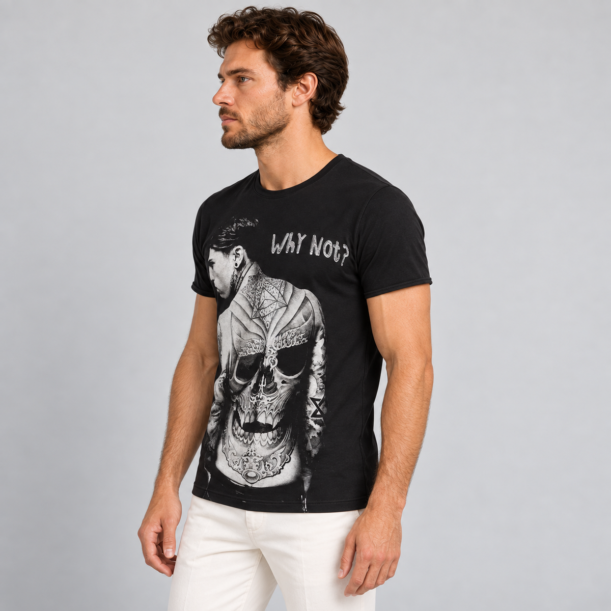 HERREN-T-SHIRT MIT RUNDAUSSCHNITT SCHWARZ WEISS MIT TOTENKOPF-PRINT KURZARM-SHIRT BAUMWOLLE