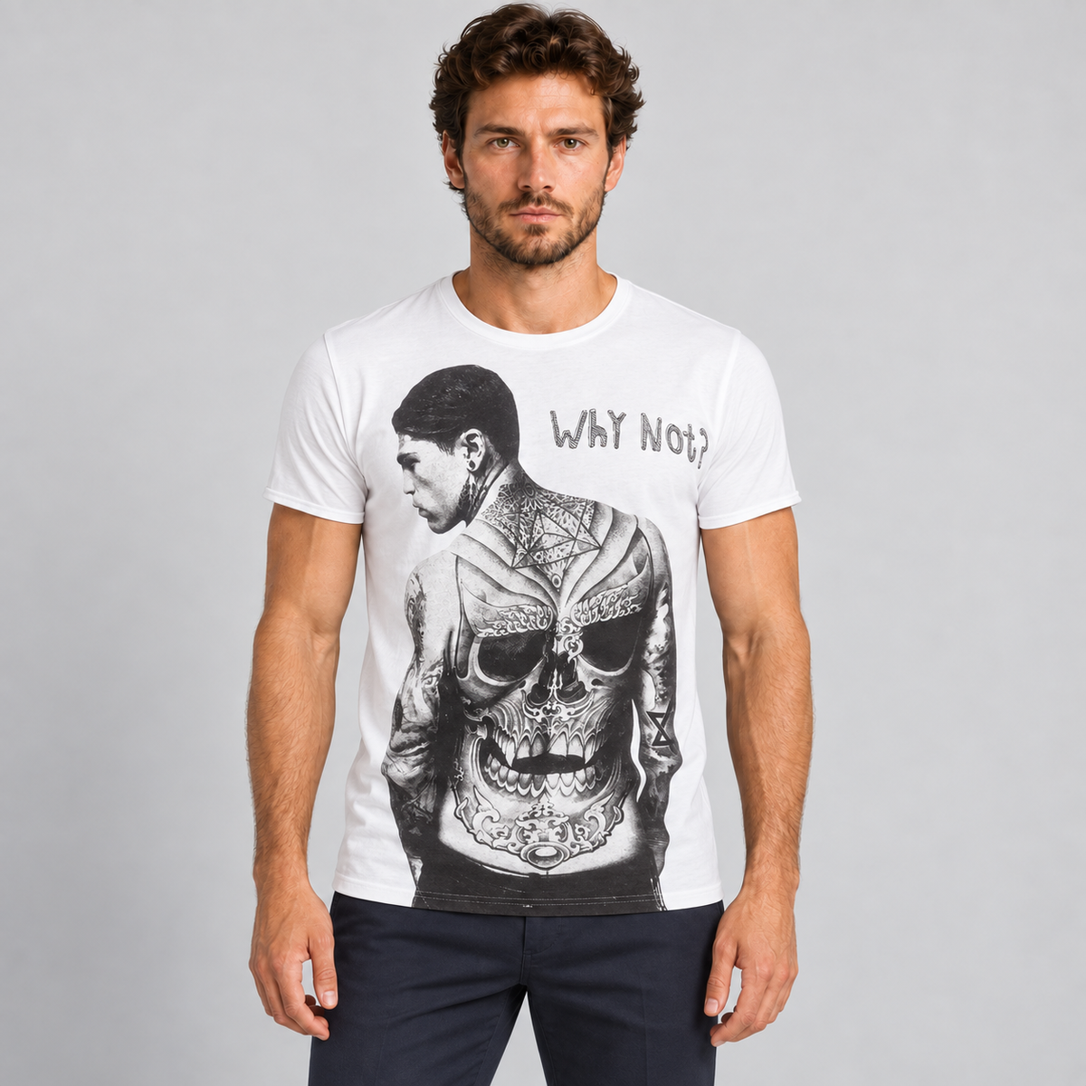 HERREN-T-SHIRT MIT RUNDAUSSCHNITT SCHWARZ WEISS MIT TOTENKOPF-PRINT KURZARM-SHIRT BAUMWOLLE
