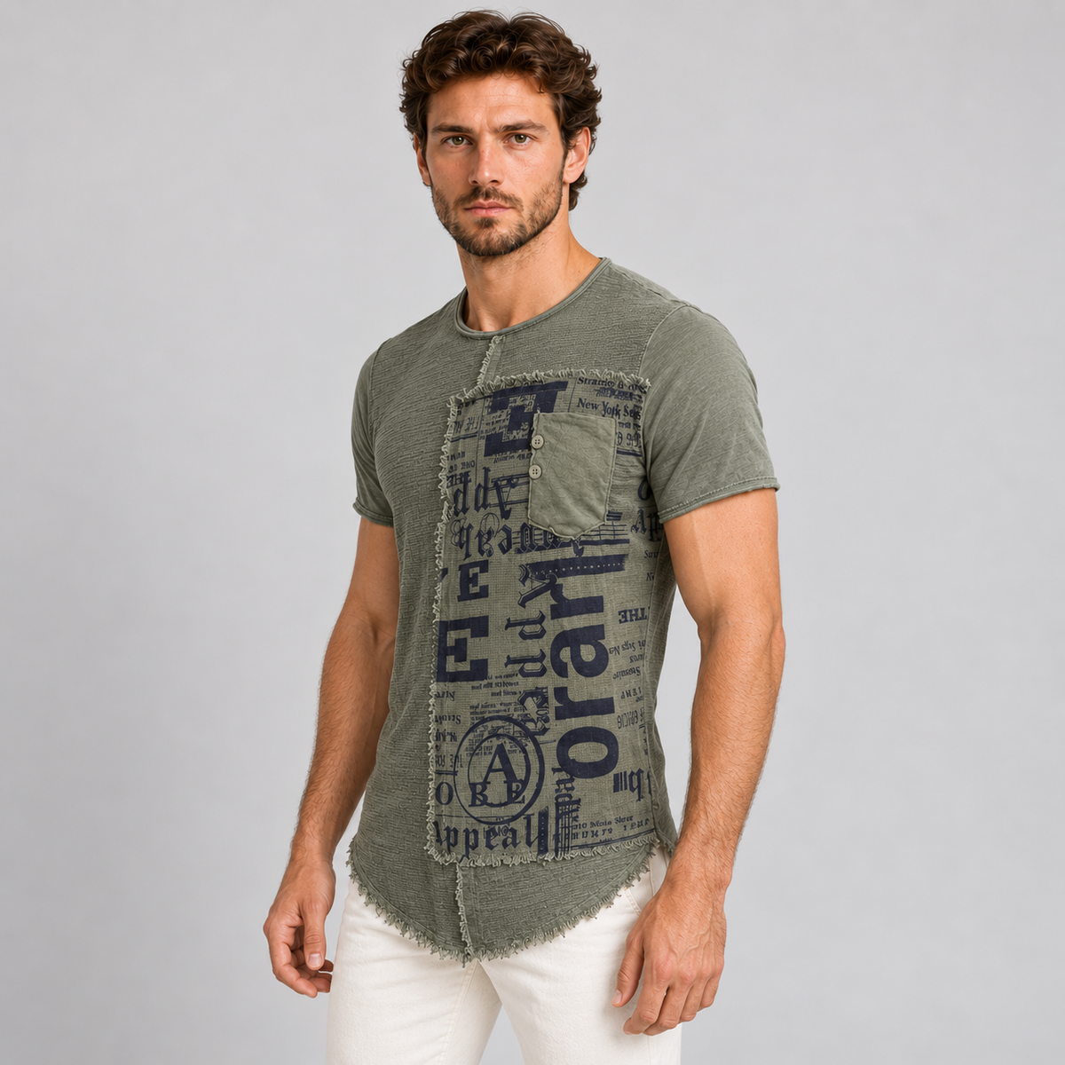 HERREN-T-SHIRT KURZARM MADE IN ITALY SHIRT MIT FRANSENEFFEKT