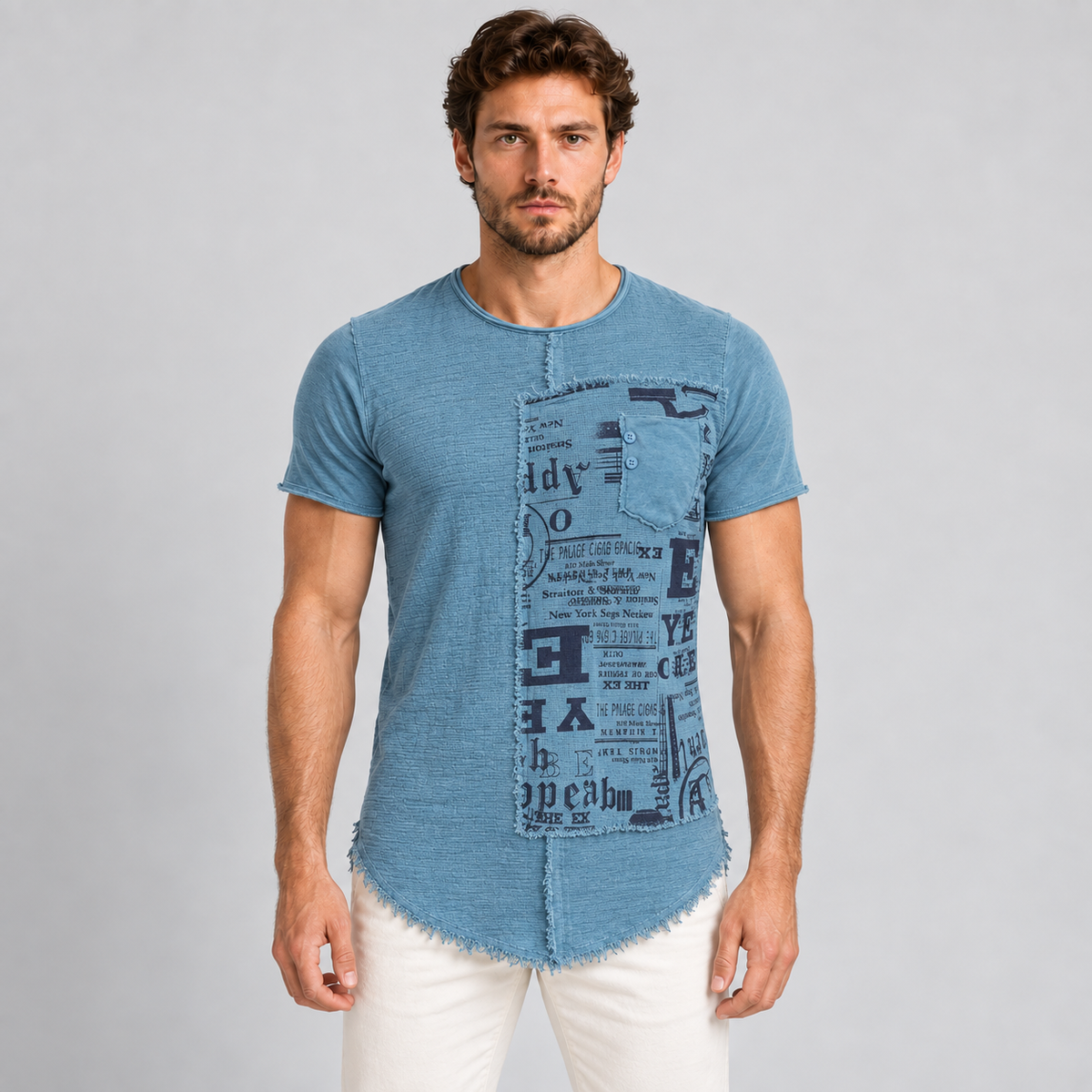 HERREN-T-SHIRT KURZARM MADE IN ITALY SHIRT MIT FRANSENEFFEKT
