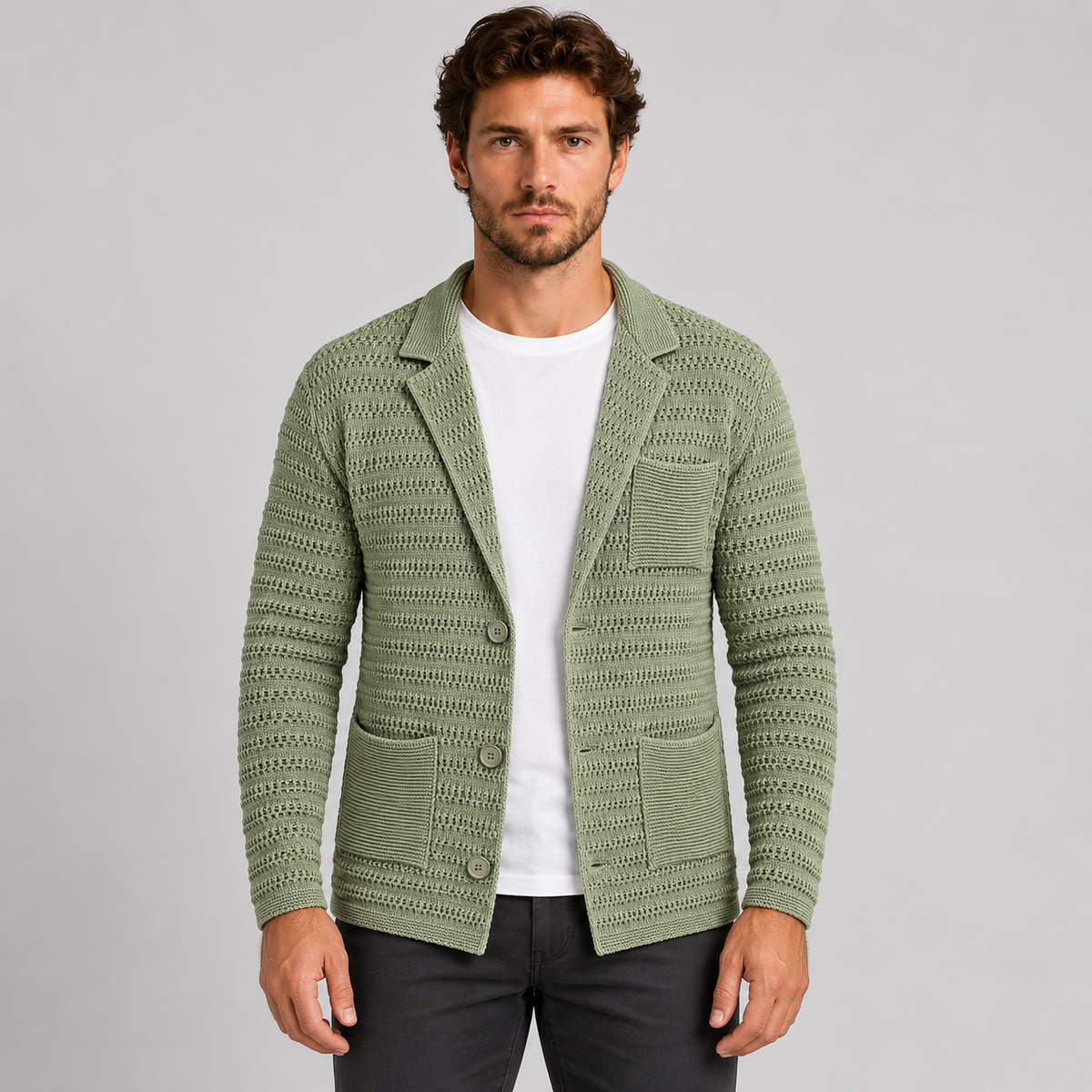 MEN'S COTTON CARDIGAN BLAZER SLIM KNITTED JACKET 100% MADE IN ITALY