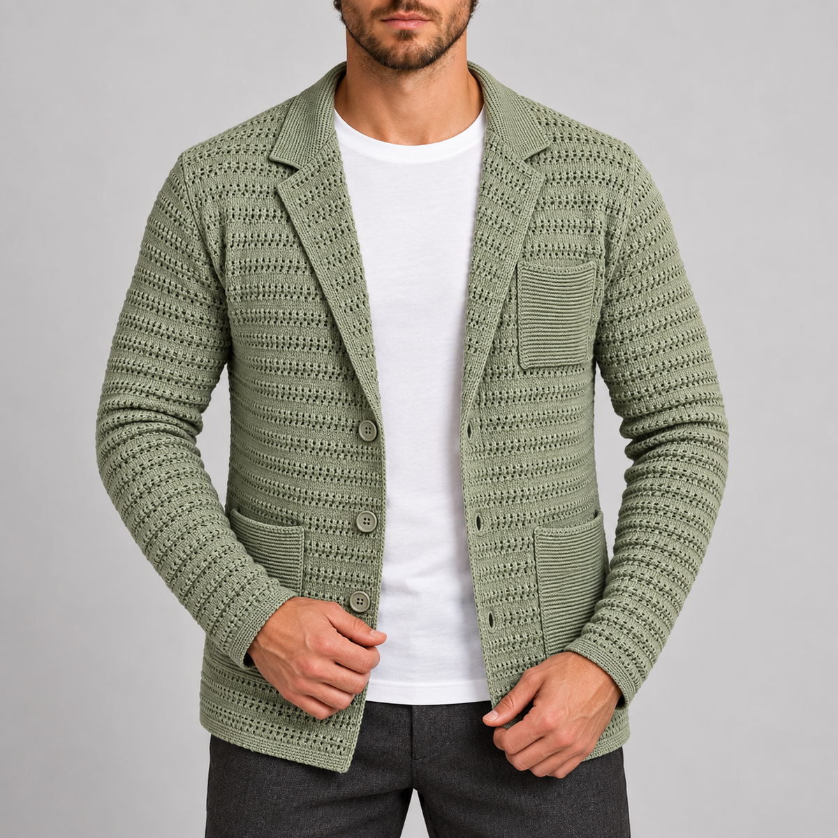 MEN'S COTTON CARDIGAN BLAZER SLIM KNITTED JACKET 100% MADE IN ITALY