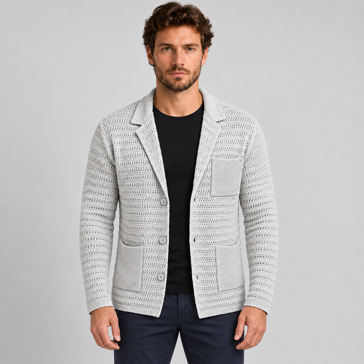 MEN'S COTTON CARDIGAN BLAZER SLIM KNITTED JACKET 100% MADE IN ITALY