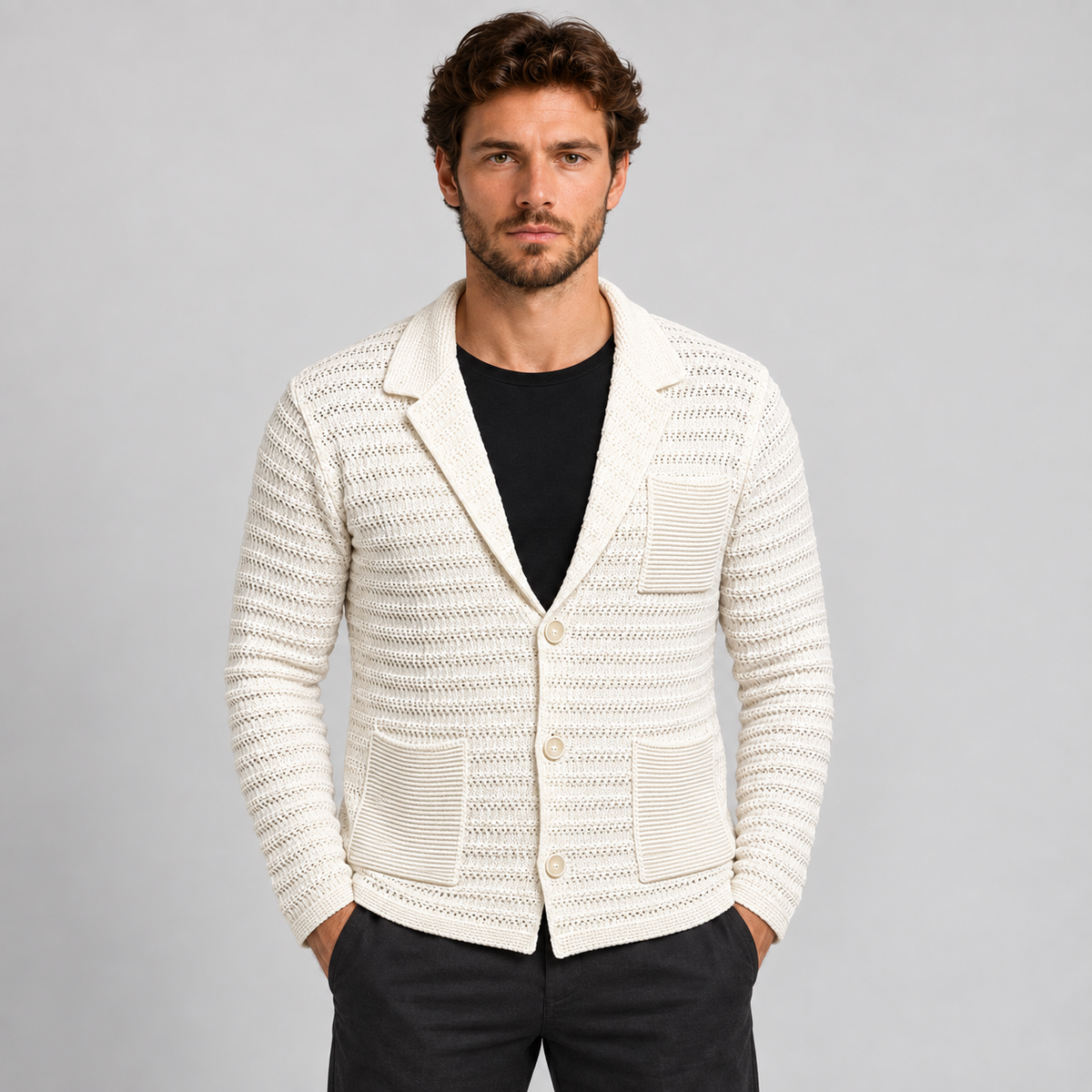 CARDIGAN UOMO COTONE BLAZER GIACCA LAVORATA A MAGLIA SLIM FIT MADE IN ITALY