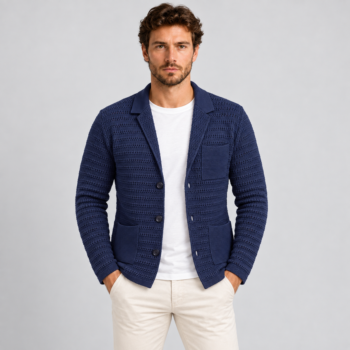 MEN'S COTTON CARDIGAN BLAZER SLIM KNITTED JACKET 100% MADE IN ITALY