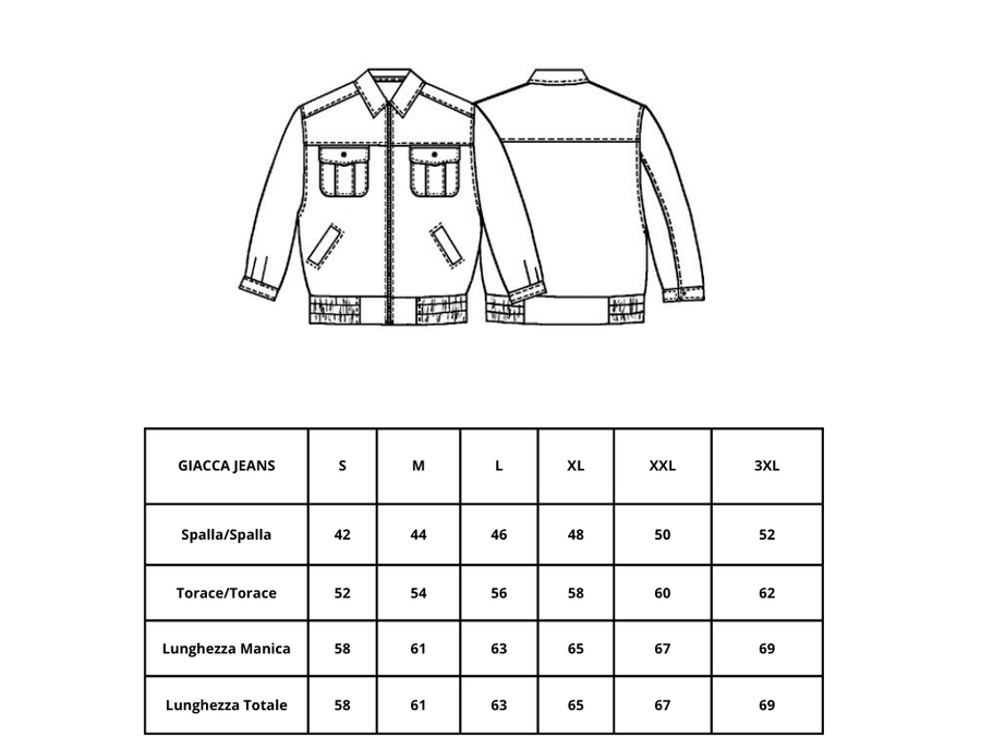 Technical drawing with garment measurements for each size