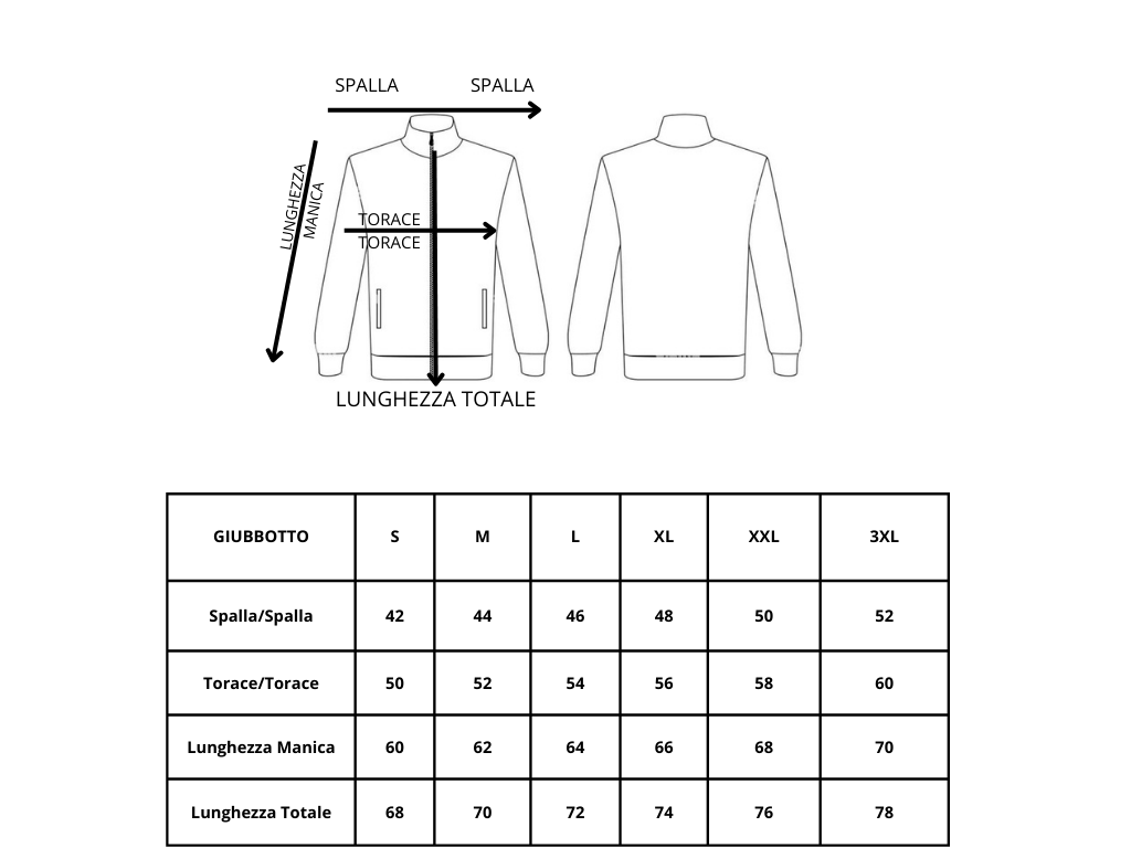 Technical drawing with garment measurements for each size