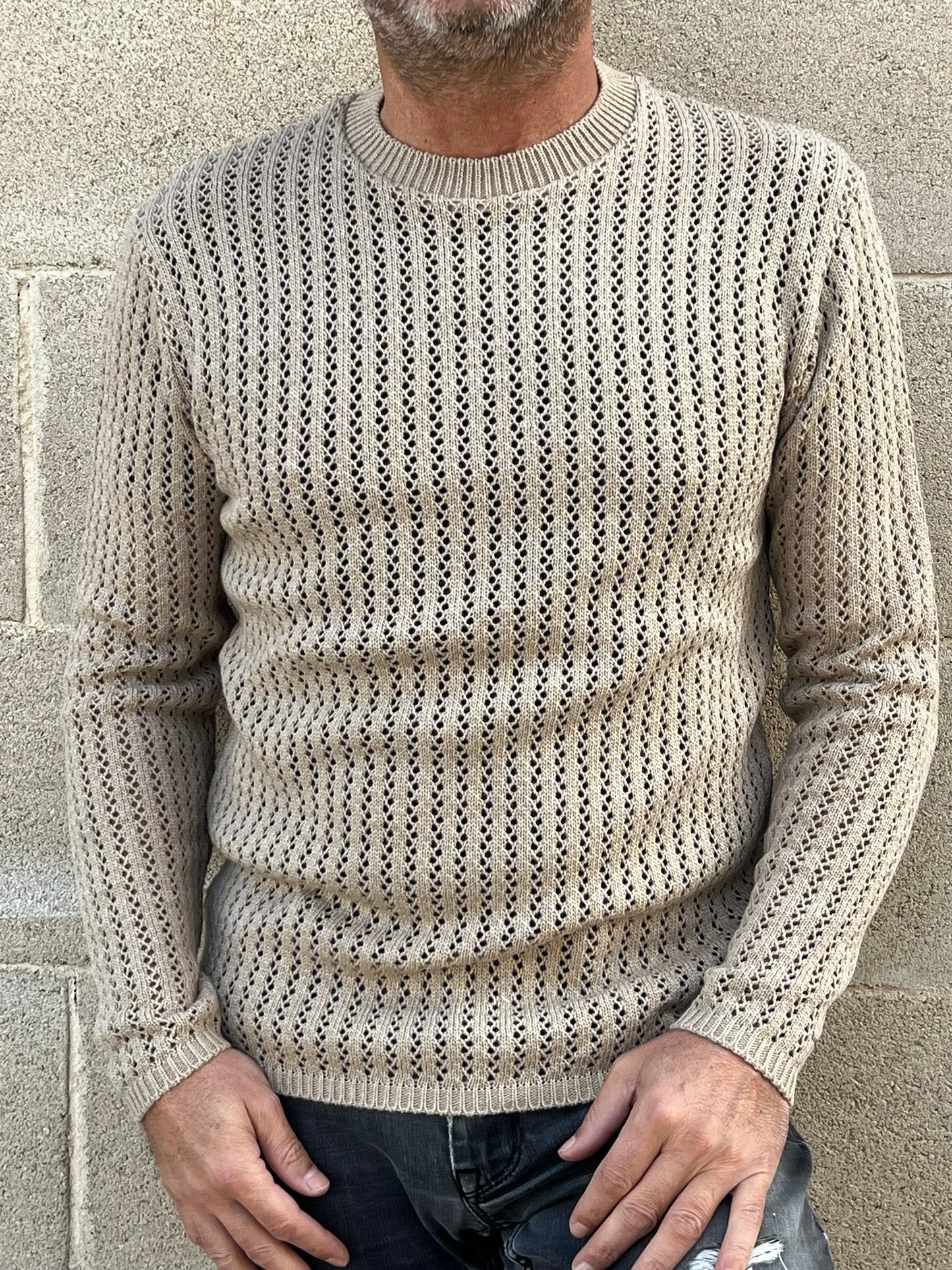 MAGLIA LANA MAGLIONCINO UOMO MANICA LUNGA GIROCOLLO TRAFORATO 100% MADE IN ITALY