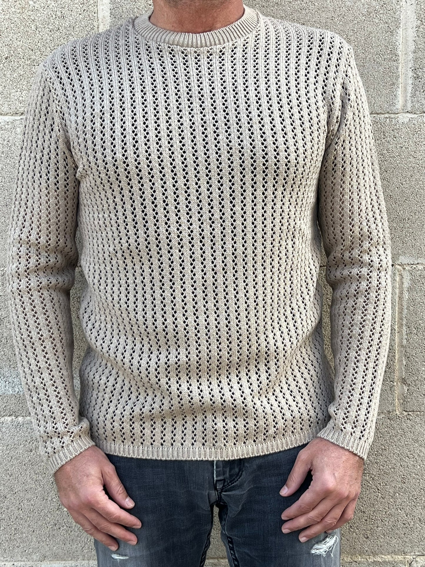 MAGLIA LANA MAGLIONCINO UOMO MANICA LUNGA GIROCOLLO TRAFORATO 100% MADE IN ITALY