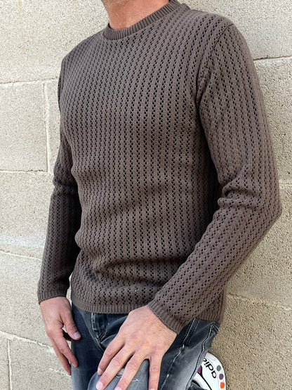MAGLIA LANA MAGLIONCINO UOMO MANICA LUNGA GIROCOLLO TRAFORATO 100% MADE IN ITALY