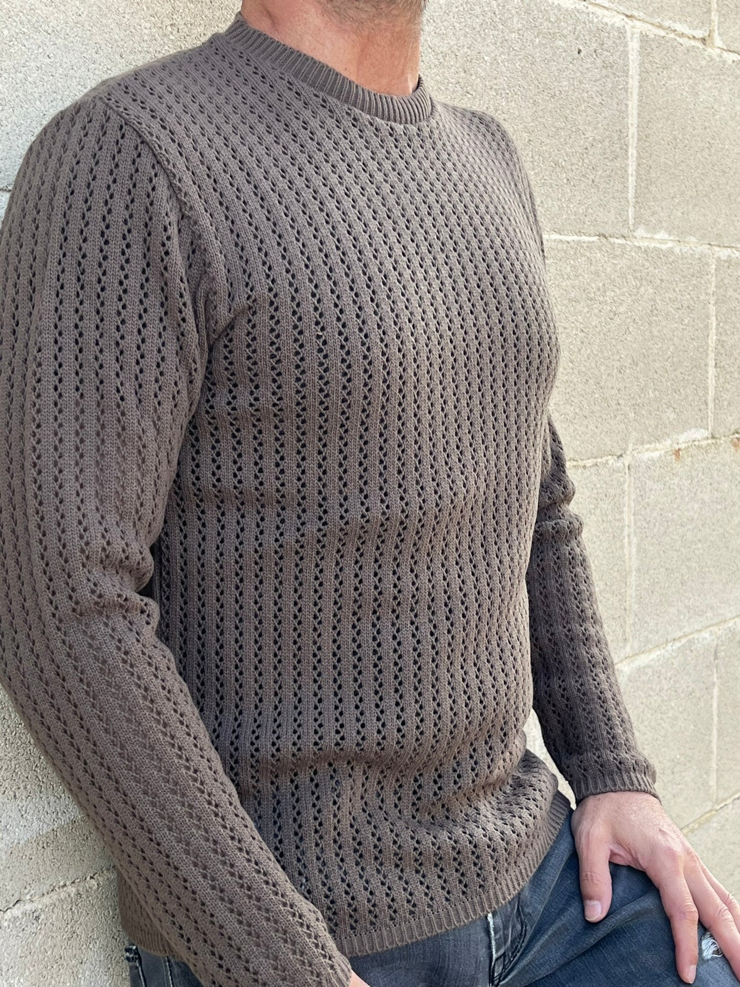 MAGLIA LANA MAGLIONCINO UOMO MANICA LUNGA GIROCOLLO TRAFORATO 100% MADE IN ITALY