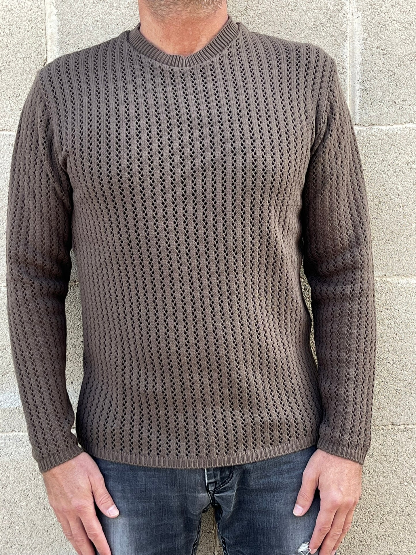MAGLIA LANA MAGLIONCINO UOMO MANICA LUNGA GIROCOLLO TRAFORATO 100% MADE IN ITALY