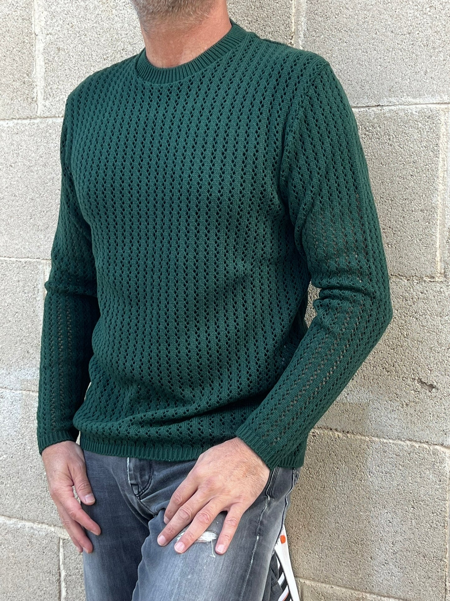 MAGLIA LANA MAGLIONCINO UOMO MANICA LUNGA GIROCOLLO TRAFORATO 100% MADE IN ITALY