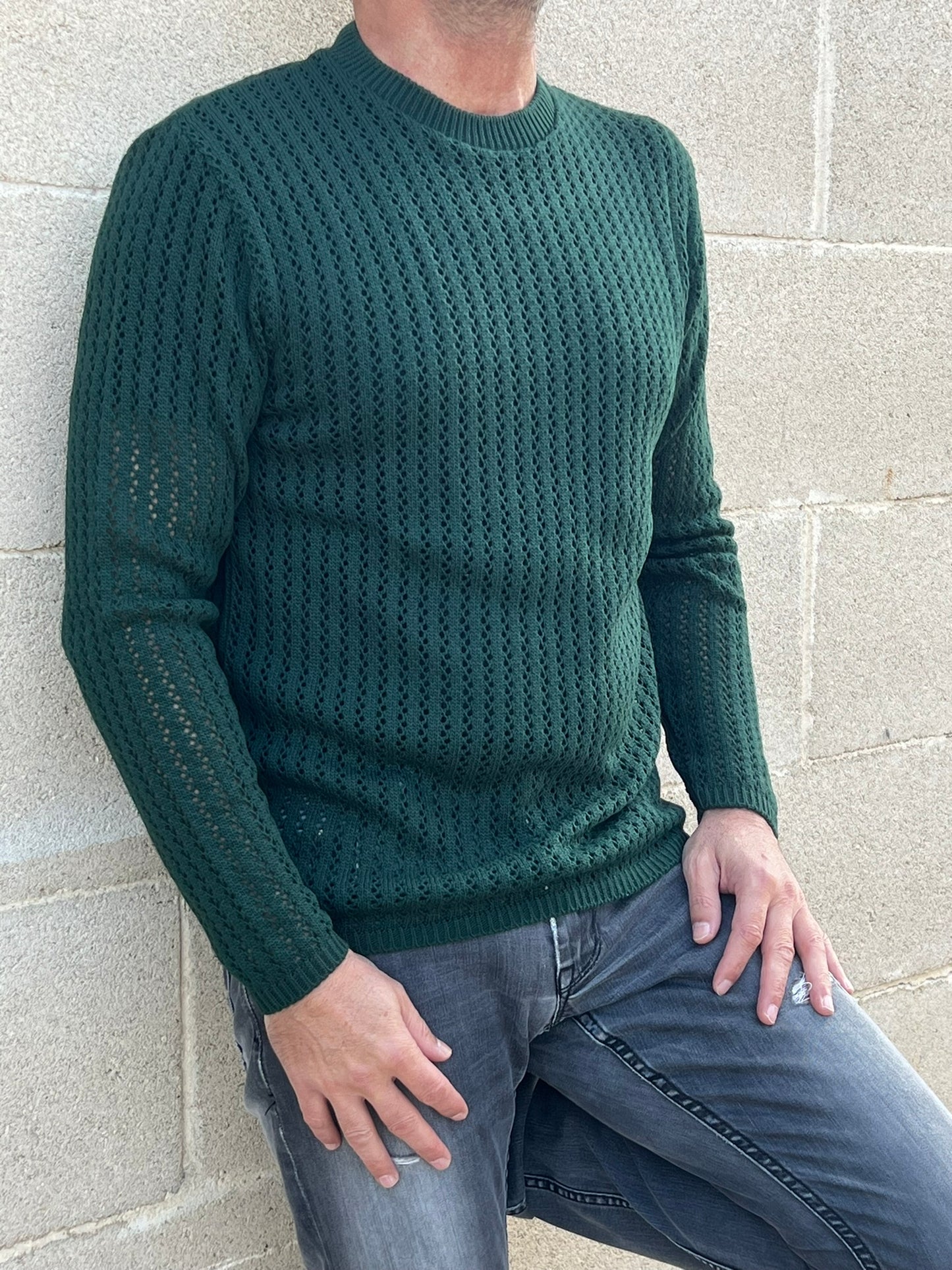 MAGLIA LANA MAGLIONCINO UOMO MANICA LUNGA GIROCOLLO TRAFORATO 100% MADE IN ITALY