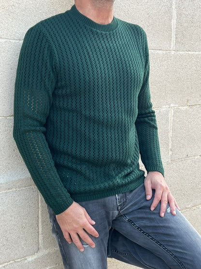 MAGLIA LANA MAGLIONCINO UOMO MANICA LUNGA GIROCOLLO TRAFORATO 100% MADE IN ITALY