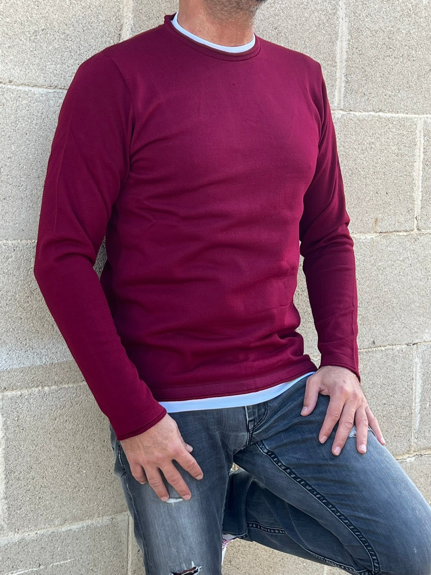 MAGLIA LANA MAGLIONCINO UOMO MANICA LUNGA GIROCOLLO RASATO 100% MADE IN ITALY