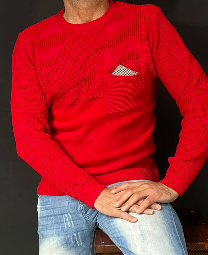 MAGLIA LANA MAGLIONCINO UOMO GIROCOLLO CON TASCHINO RIFINITO 100% MADE IN ITALY