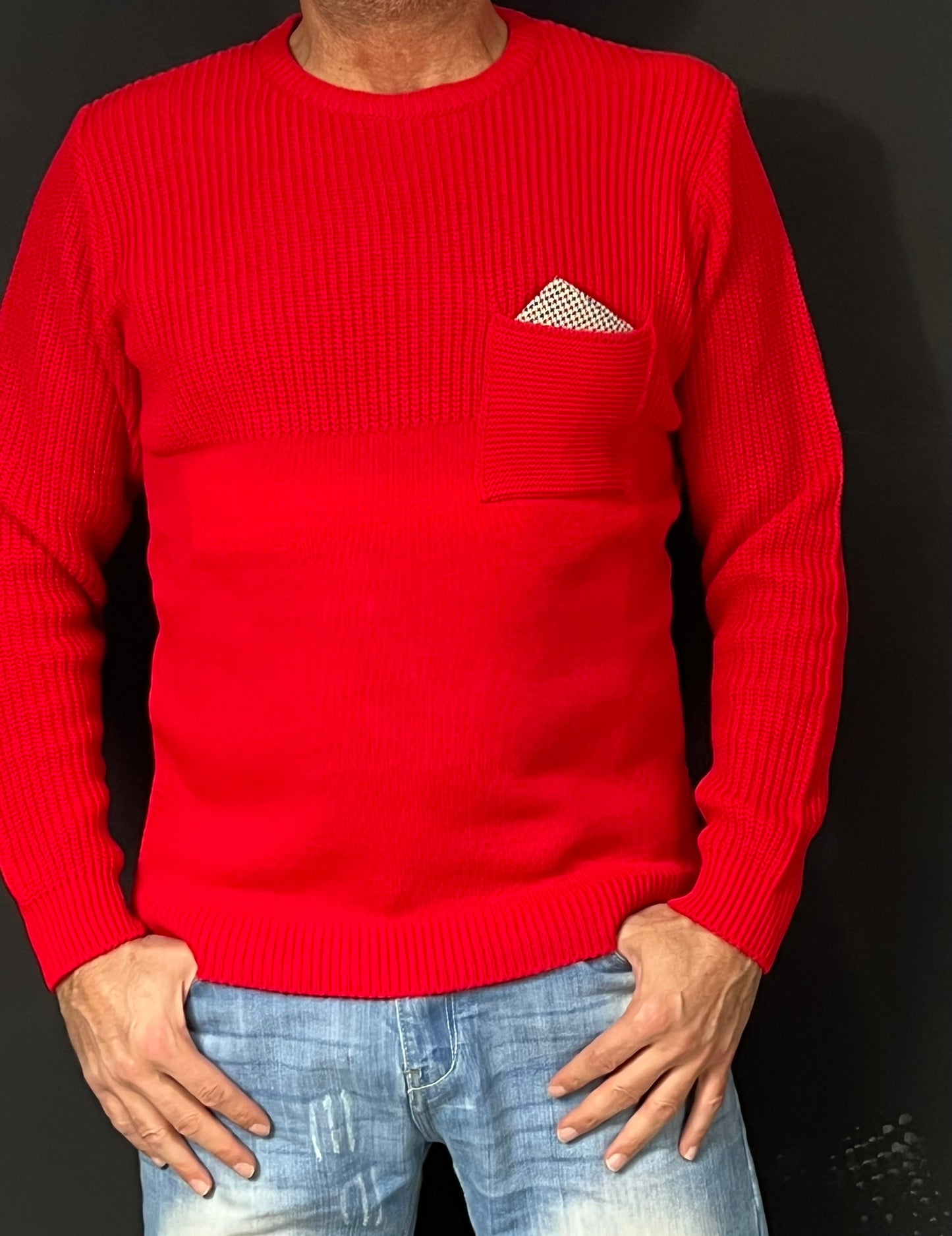 MAGLIA LANA MAGLIONCINO UOMO GIROCOLLO CON TASCHINO RIFINITO 100% MADE IN ITALY