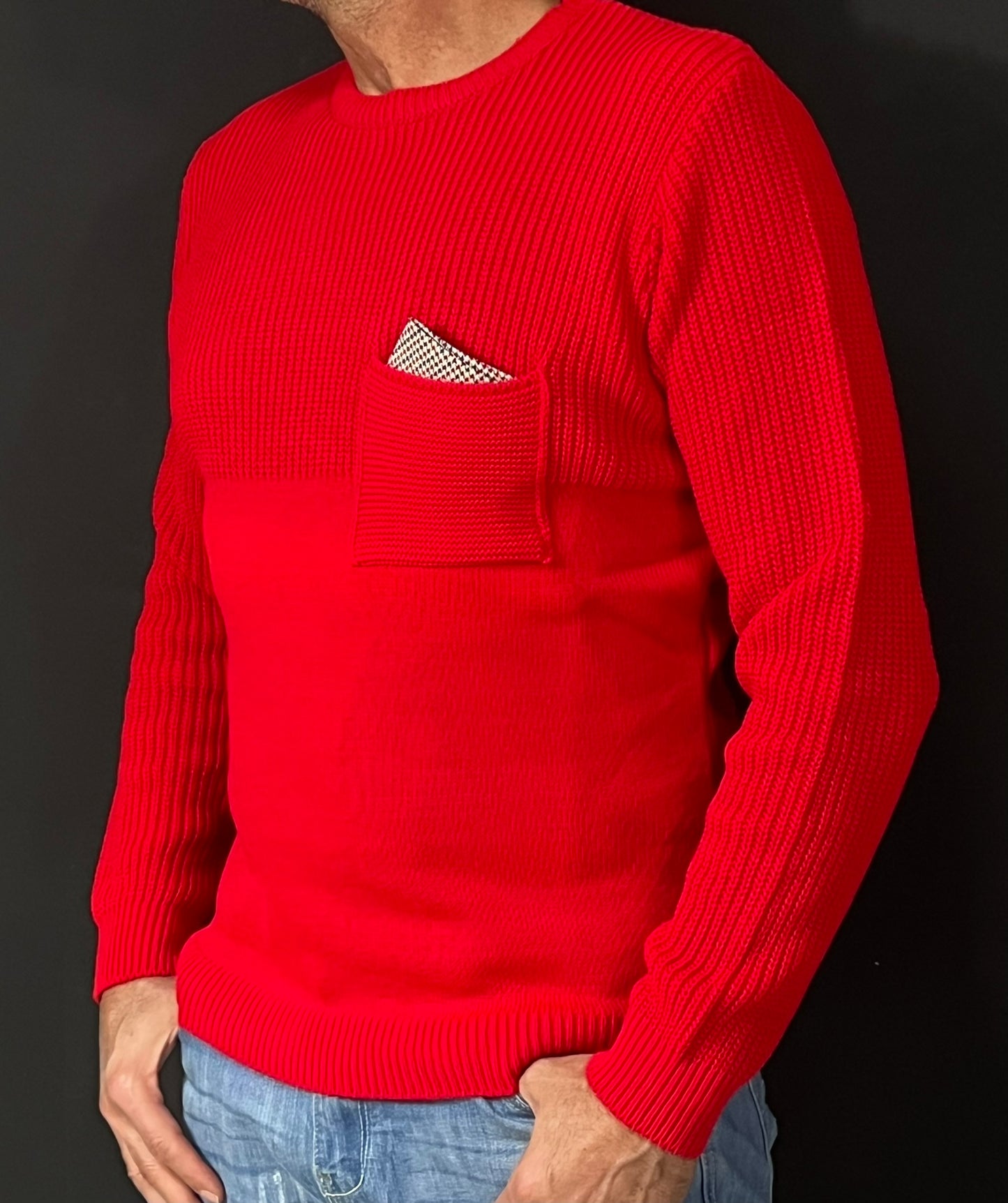 MAGLIA LANA MAGLIONCINO UOMO GIROCOLLO CON TASCHINO RIFINITO 100% MADE IN ITALY