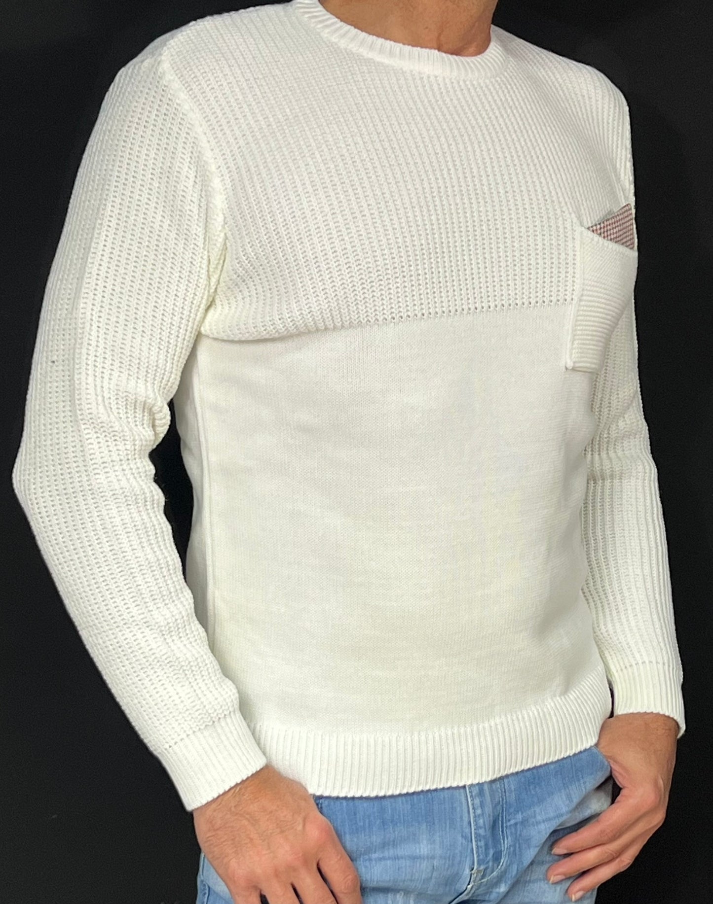 MAGLIA LANA MAGLIONCINO UOMO GIROCOLLO CON TASCHINO RIFINITO 100% MADE IN ITALY