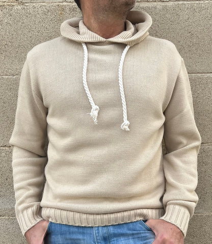 MAGLIA UOMO CON CAPPUCCIO E LACCI IN CORDA  MISTO LANA 100% MADE IN ITALY
