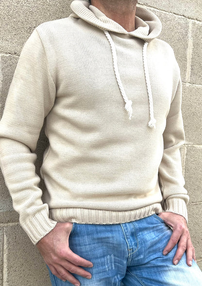 MAGLIA UOMO CON CAPPUCCIO E LACCI IN CORDA  MISTO LANA 100% MADE IN ITALY