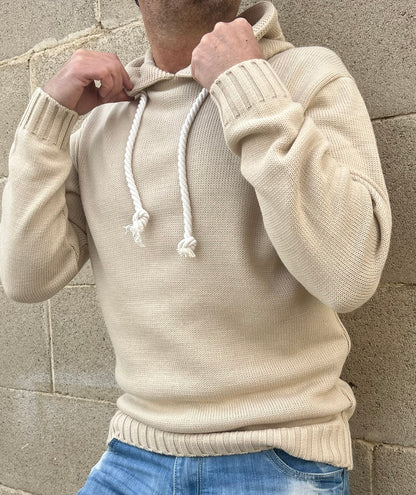 MAGLIA UOMO CON CAPPUCCIO E LACCI IN CORDA  MISTO LANA 100% MADE IN ITALY