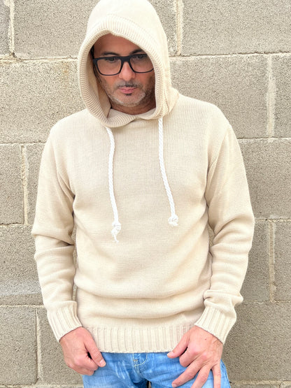 MAGLIA UOMO CON CAPPUCCIO E LACCI IN CORDA  MISTO LANA 100% MADE IN ITALY