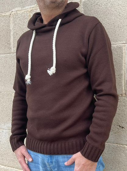MAGLIA UOMO CON CAPPUCCIO E LACCI IN CORDA  MISTO LANA 100% MADE IN ITALY
