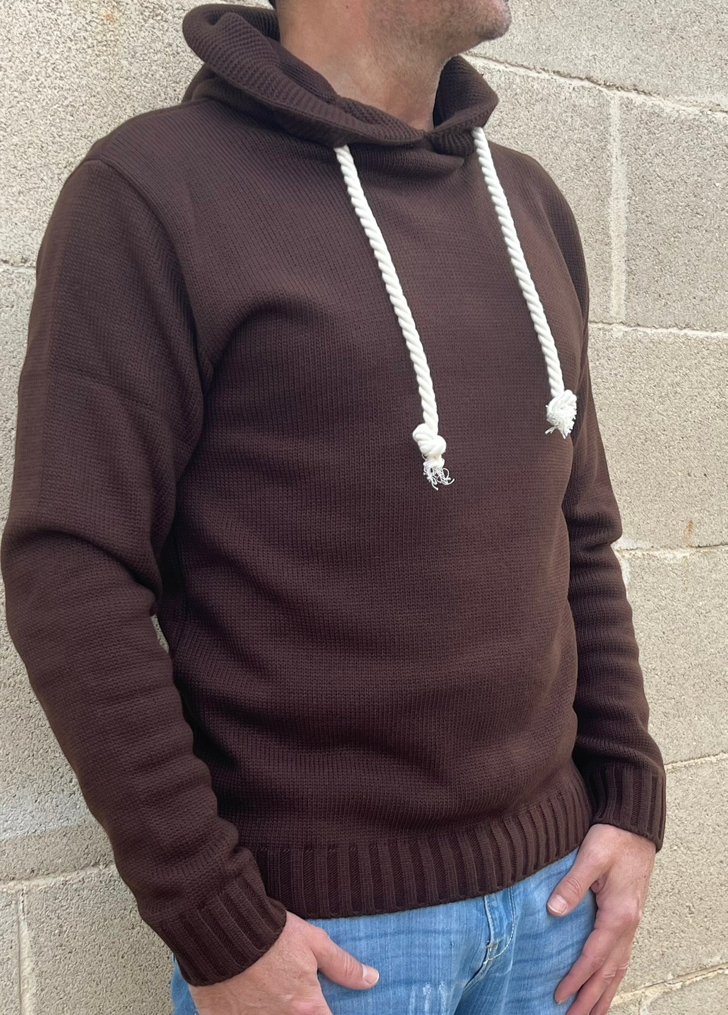MAGLIA UOMO CON CAPPUCCIO E LACCI IN CORDA  MISTO LANA 100% MADE IN ITALY