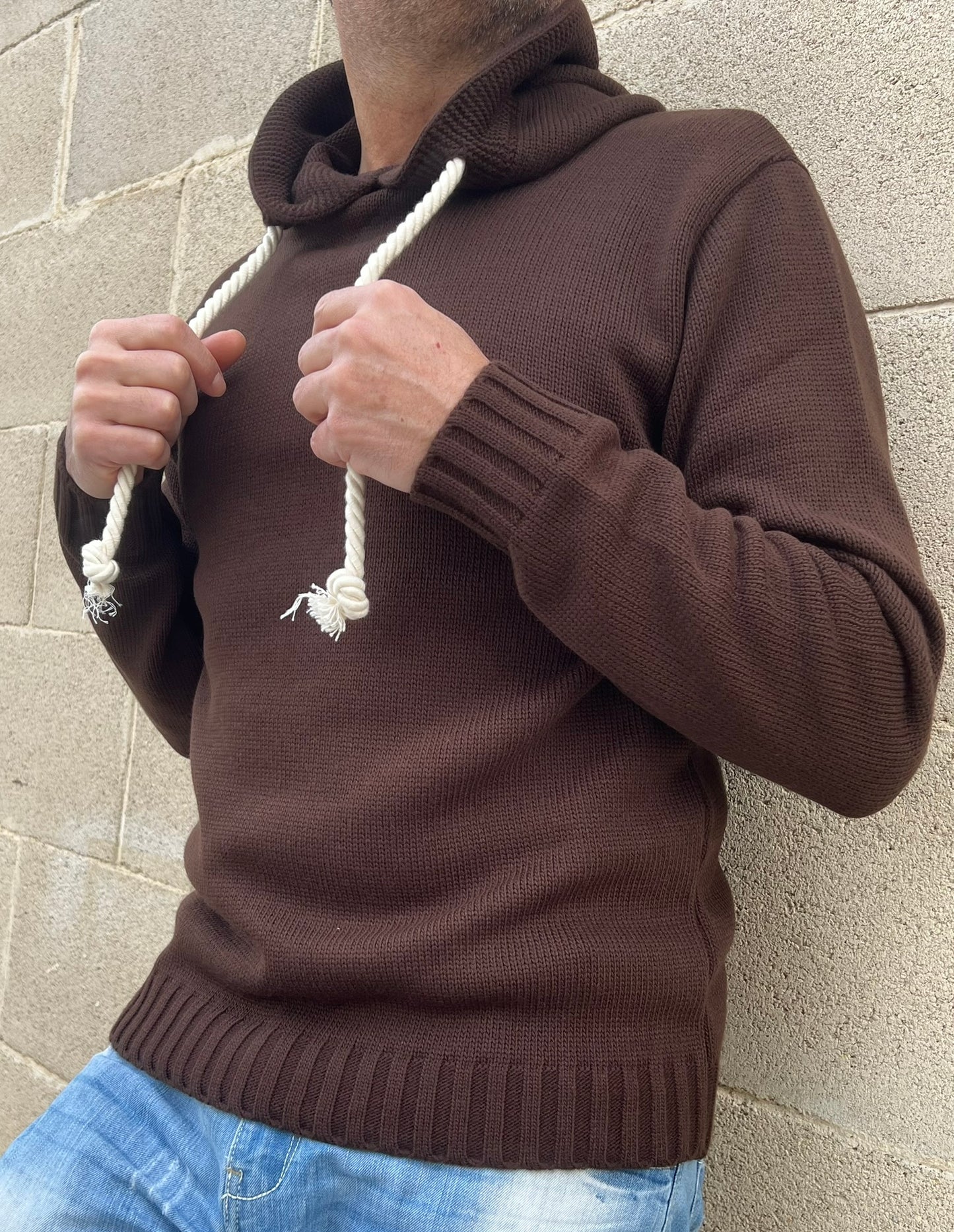 MAGLIA UOMO CON CAPPUCCIO E LACCI IN CORDA  MISTO LANA 100% MADE IN ITALY
