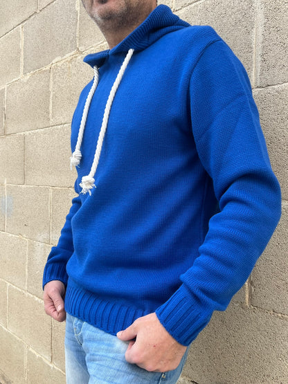 MAGLIA UOMO CON CAPPUCCIO E LACCI IN CORDA  MISTO LANA 100% MADE IN ITALY