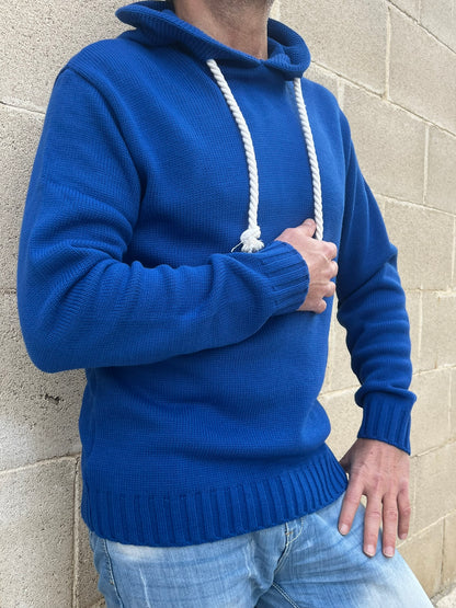MAGLIA UOMO CON CAPPUCCIO E LACCI IN CORDA  MISTO LANA 100% MADE IN ITALY