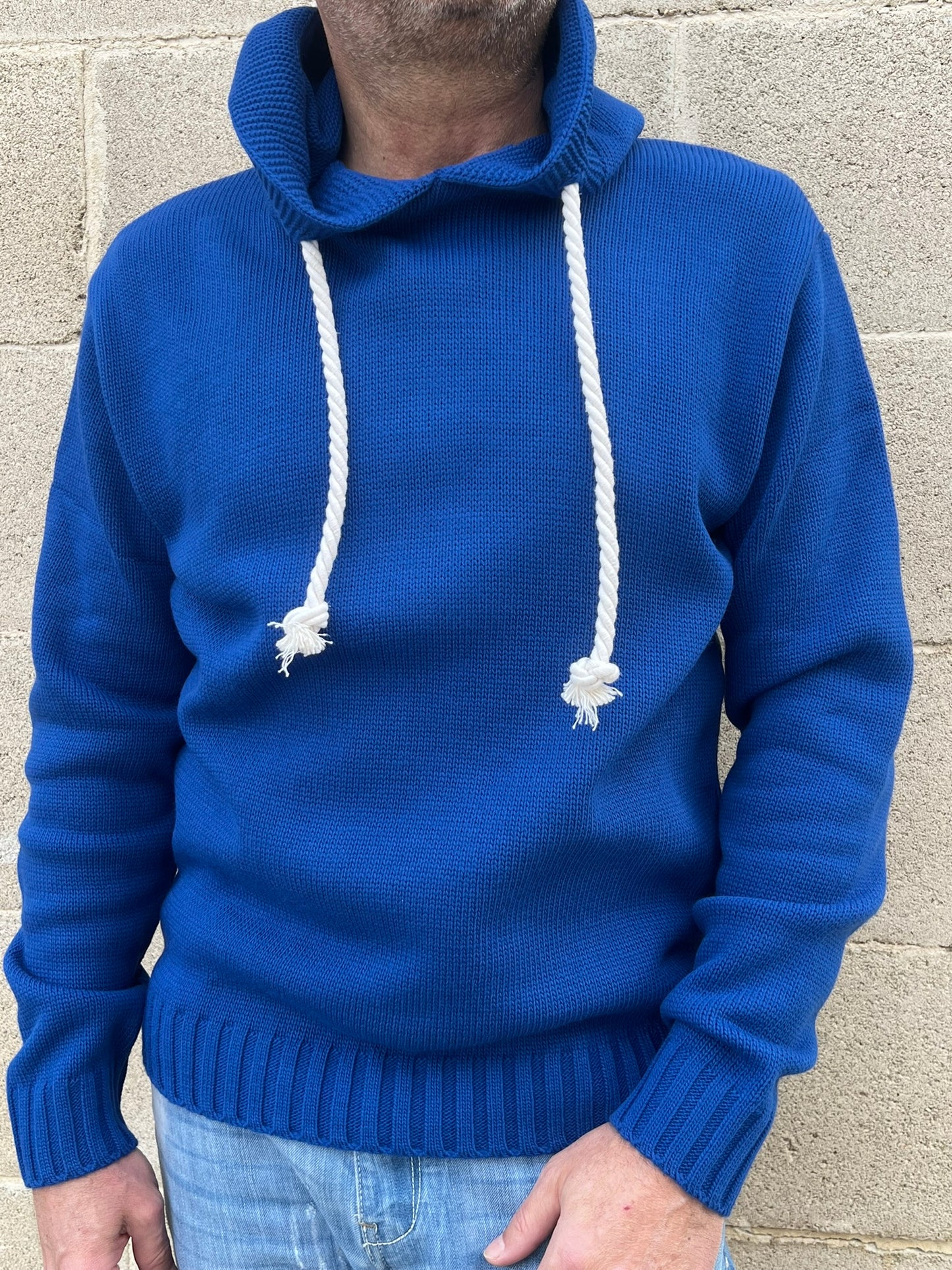 MAGLIA UOMO CON CAPPUCCIO E LACCI IN CORDA  MISTO LANA 100% MADE IN ITALY
