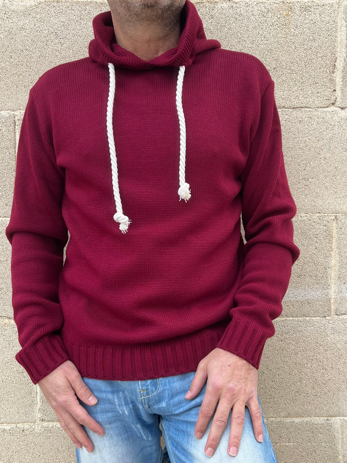 MAGLIA UOMO CON CAPPUCCIO E LACCI IN CORDA  MISTO LANA 100% MADE IN ITALY